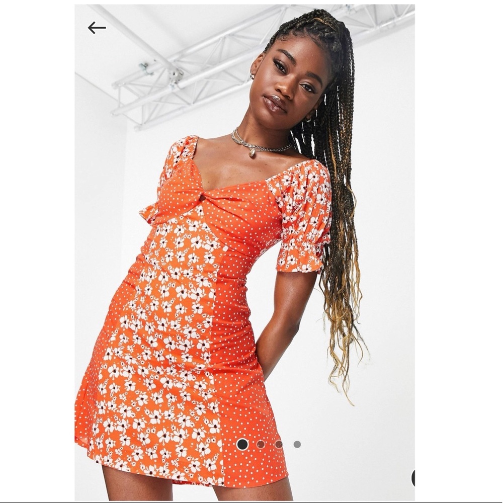 Influence puff sleeve front tie mini dress in mix red floral.